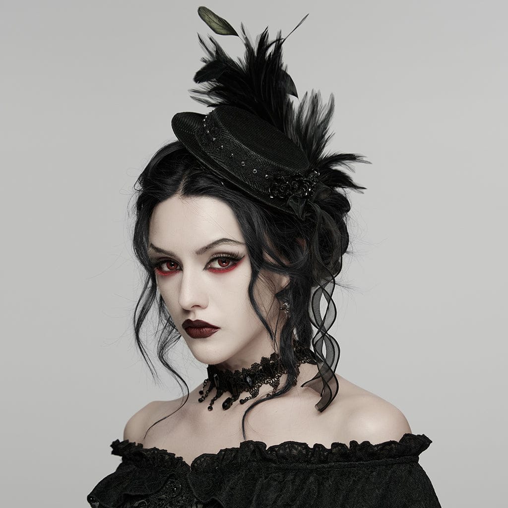 PUNK RAVE Women's Gothic Feather Ribbon Hat