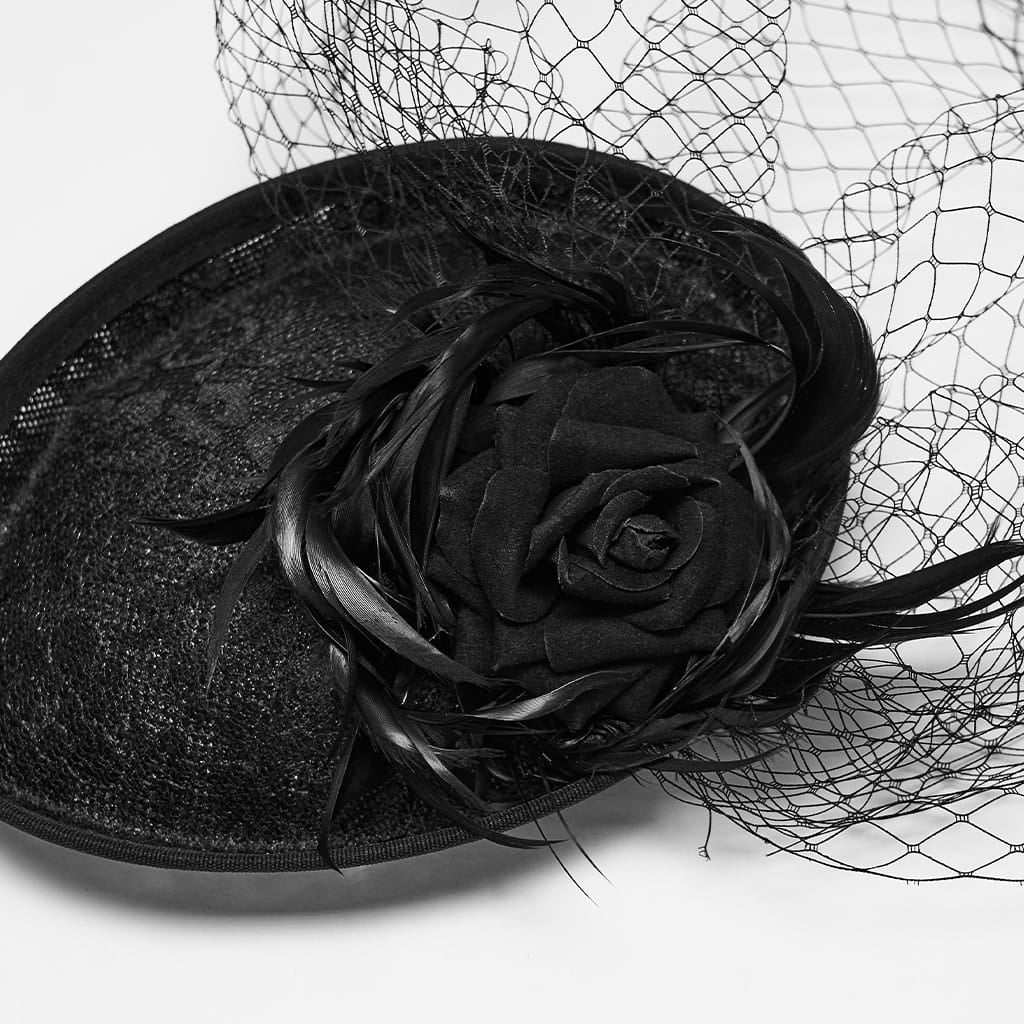 PUNK RAVE Women's Gothic Feather Rose Birdcage Veil Fascinator Hat Black