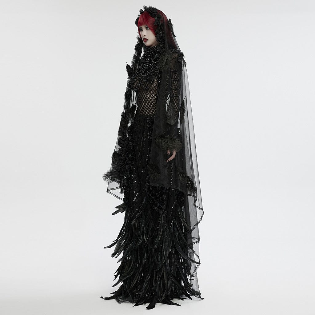 PUNK RAVE Women's Gothic Feather Splice Floral Mesh Veil