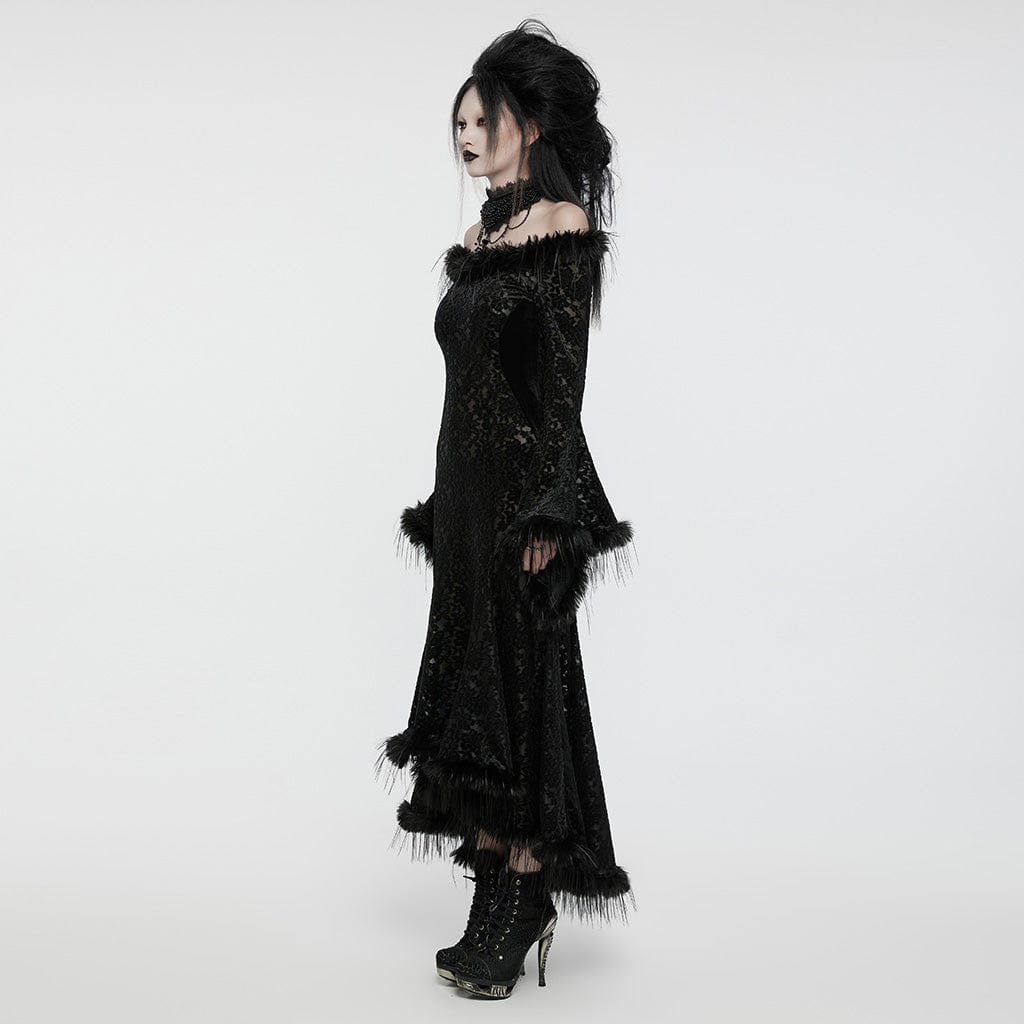 PUNK RAVE Women's Gothic Flared Sleeved Faux Fur Splice Flocked Mesh Witch Dress