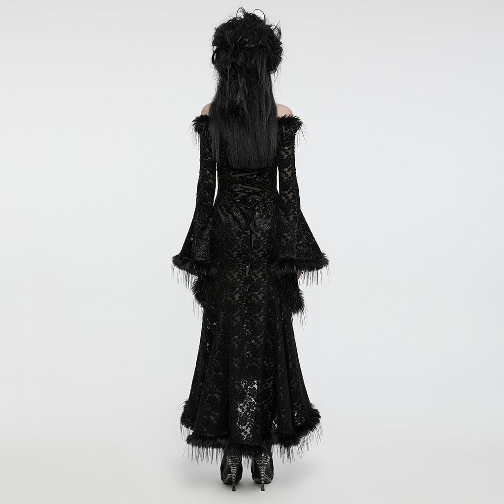 PUNK RAVE Women's Gothic Flared Sleeved Faux Fur Splice Flocked Mesh Witch Dress