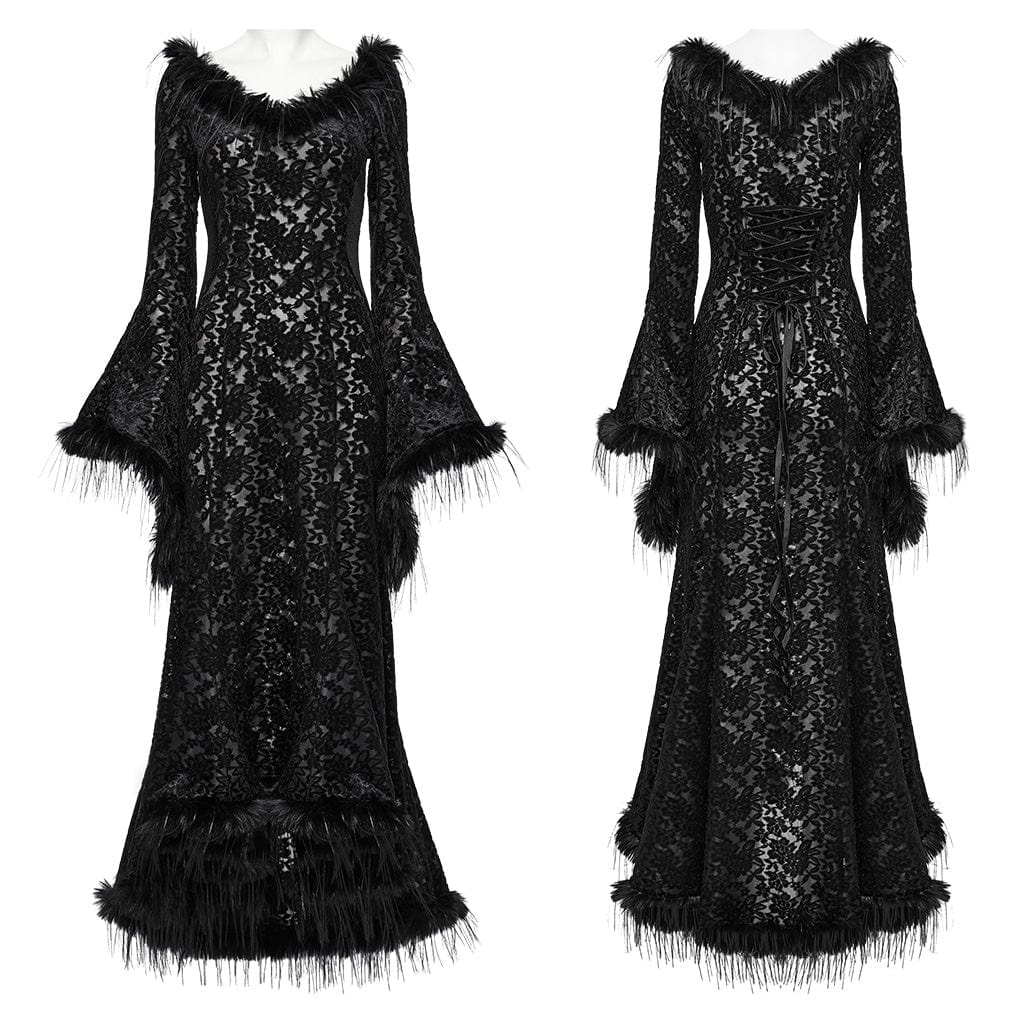 PUNK RAVE Women's Gothic Flared Sleeved Faux Fur Splice Flocked Mesh Witch Dress