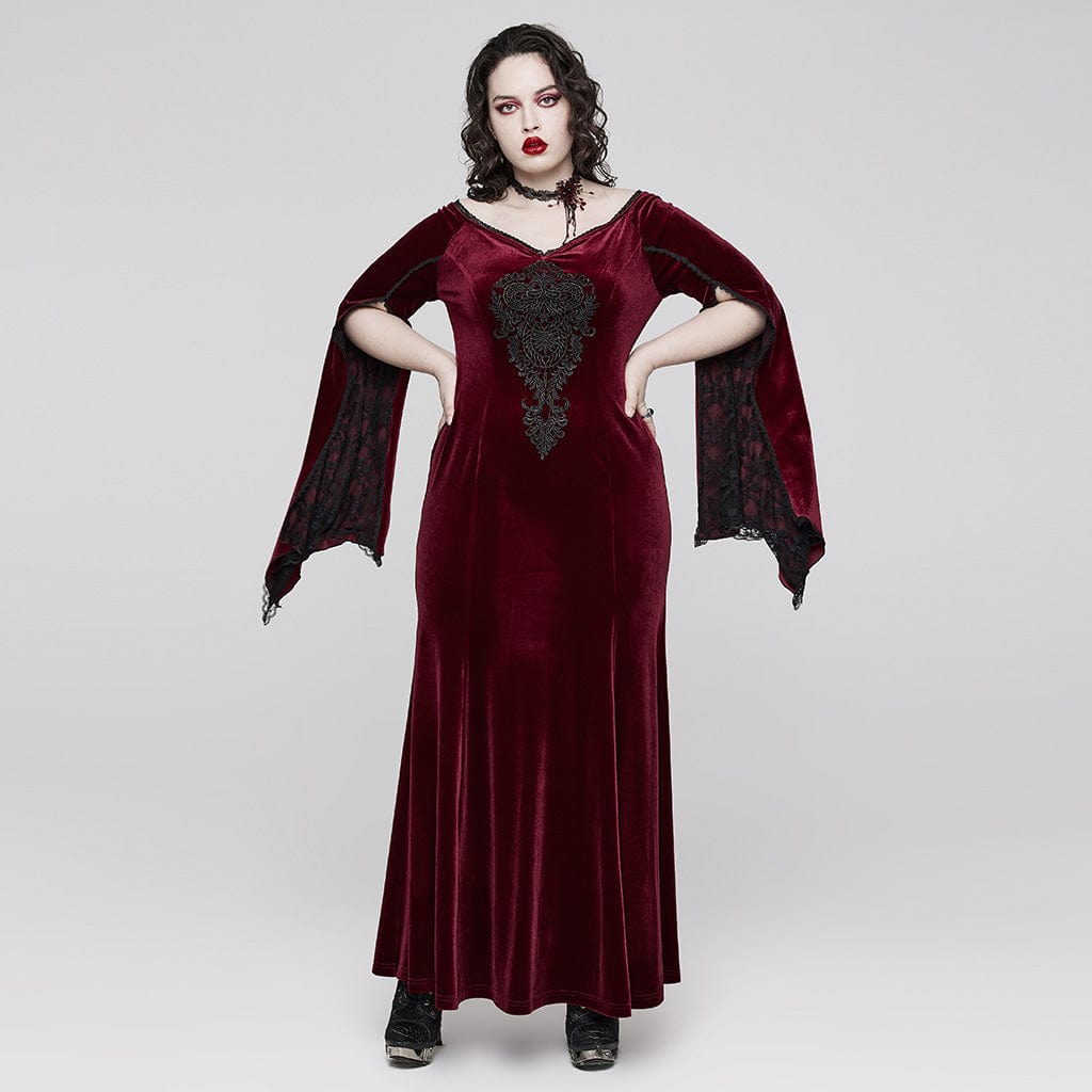 PUNK RAVE Women's Gothic Flared Sleeved Floral Embroidered Velvet Dress