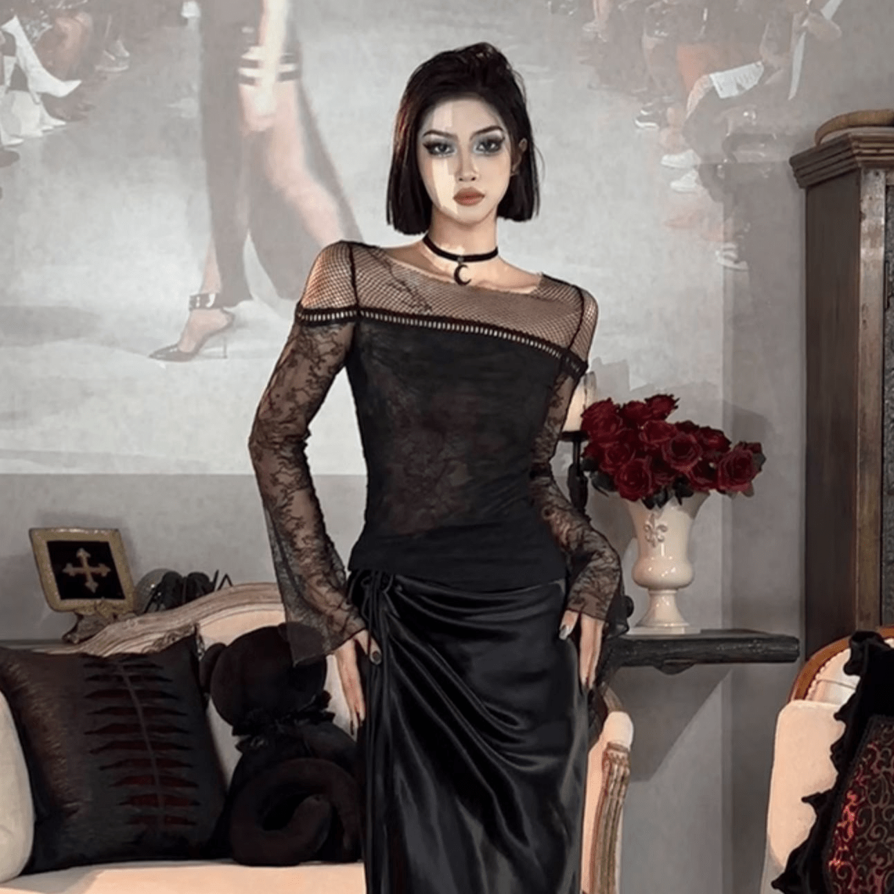 PUNK RAVE Women's Gothic Flared Sleeved Mesh Splice Lace Shirt