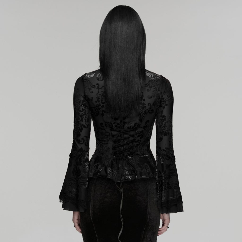 PUNK RAVE Women's Gothic Floral Beaded Flared Sleeved Top