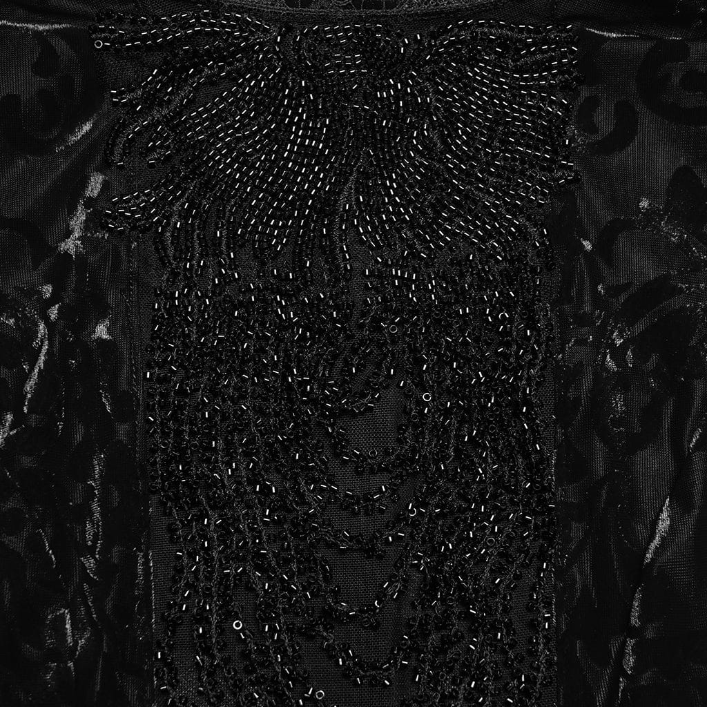 PUNK RAVE Women's Gothic Floral Beaded Flared Sleeved Top