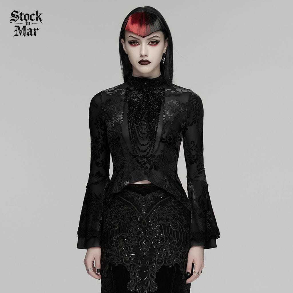 PUNK RAVE Women's Gothic Floral Beaded Flared Sleeved Top