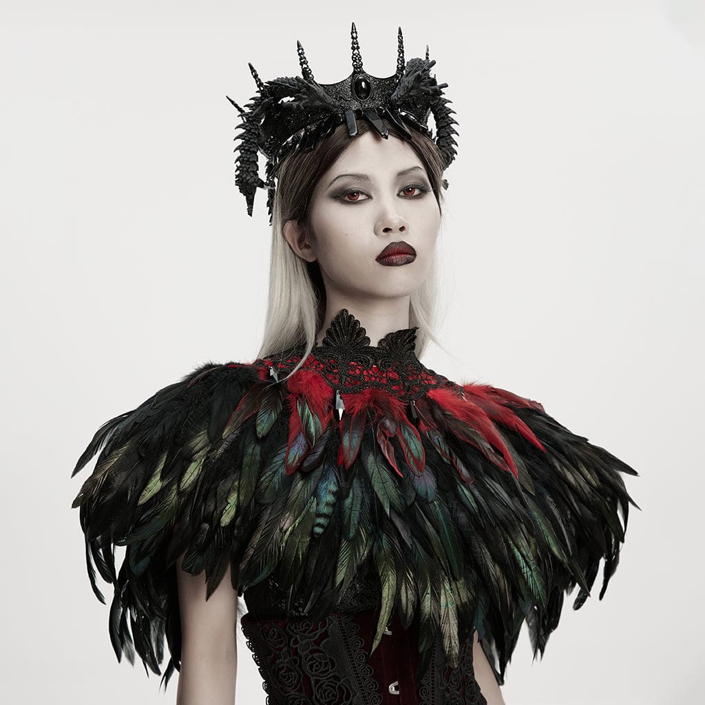 PUNK RAVE Women's Gothic Floral Crochet Feather Cape Black-Red