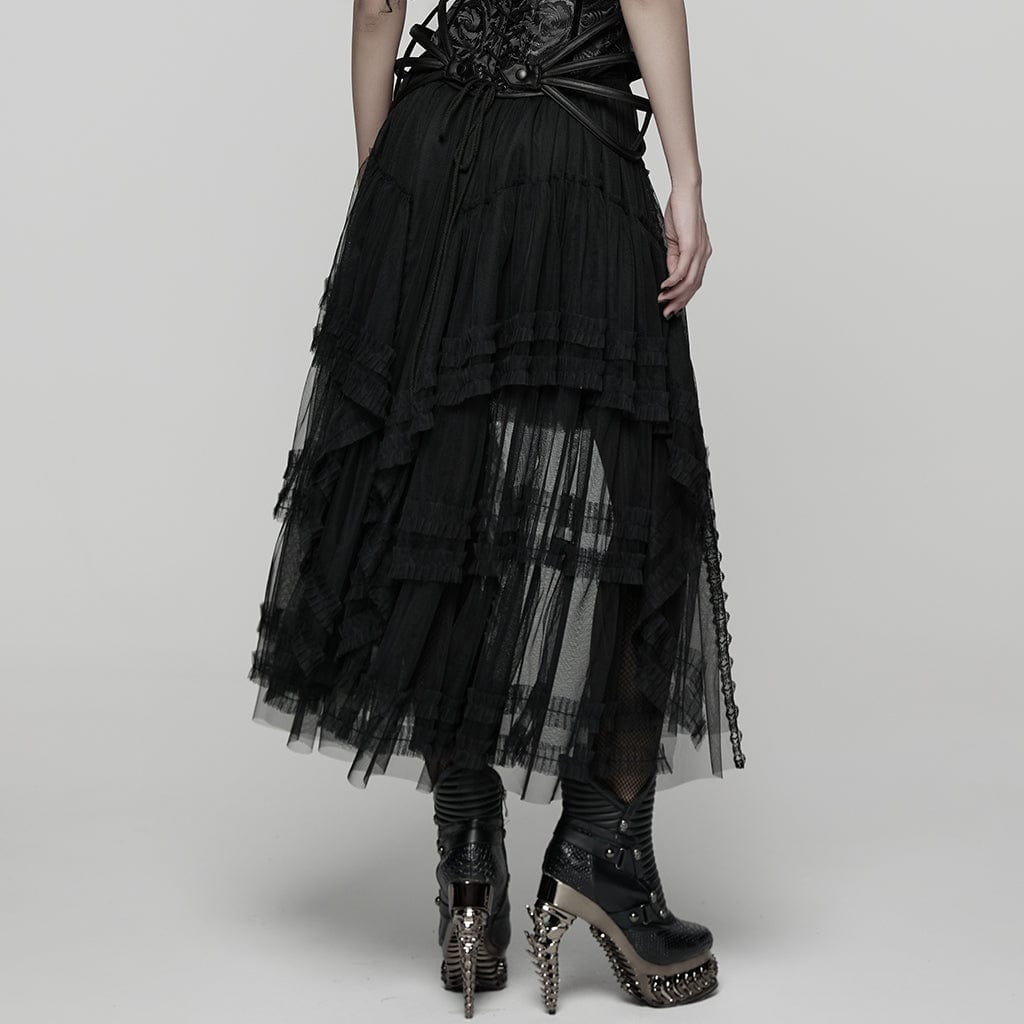 PUNK RAVE Women's Gothic Floral Crochet Multilayer Mesh Skirt