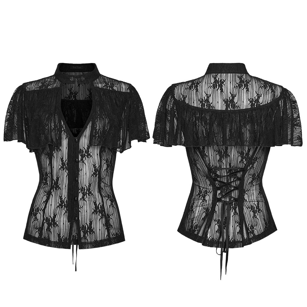 PUNK RAVE Women's Gothic Floral Cutout Lace Shirt