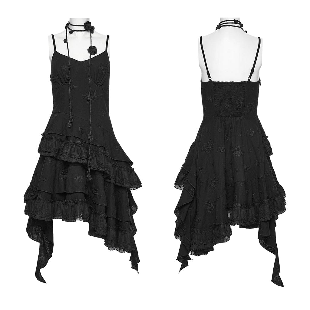 PUNK RAVE Women's Gothic Floral Embroidered Asymmetric Slip Dress