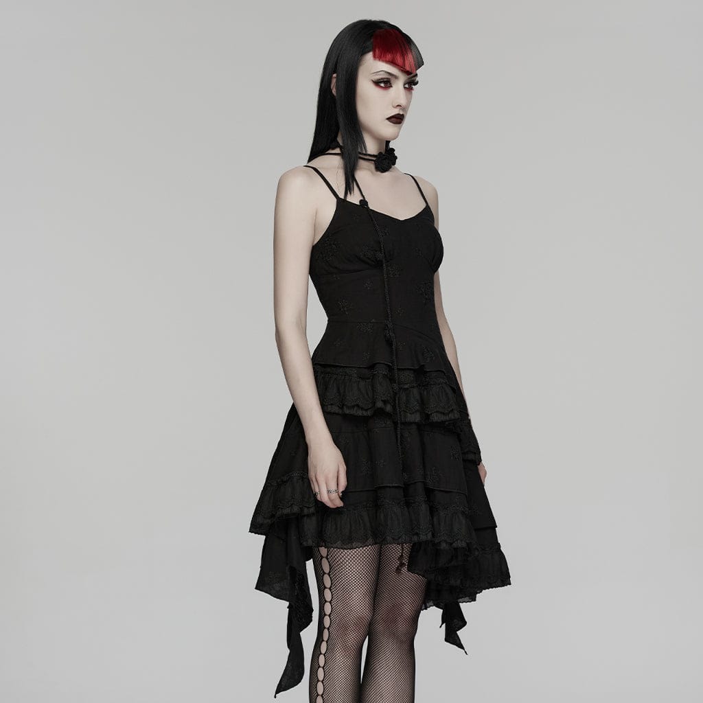 PUNK RAVE Women's Gothic Floral Embroidered Asymmetric Slip Dress