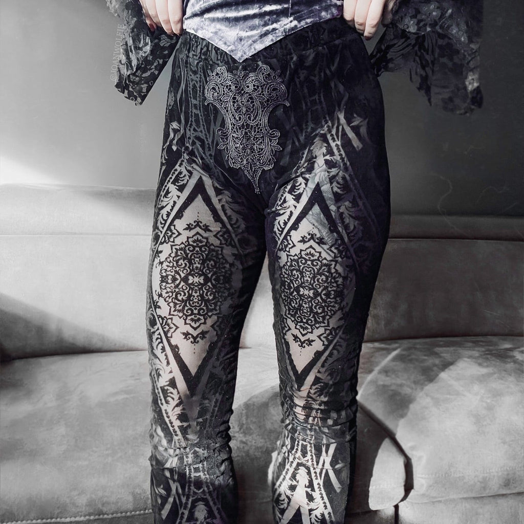PUNK RAVE Women's Gothic Floral Embroidered Flocked Mesh Leggings