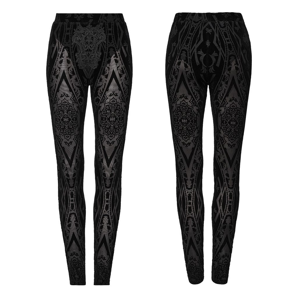 PUNK RAVE Women's Gothic Floral Embroidered Flocked Mesh Leggings