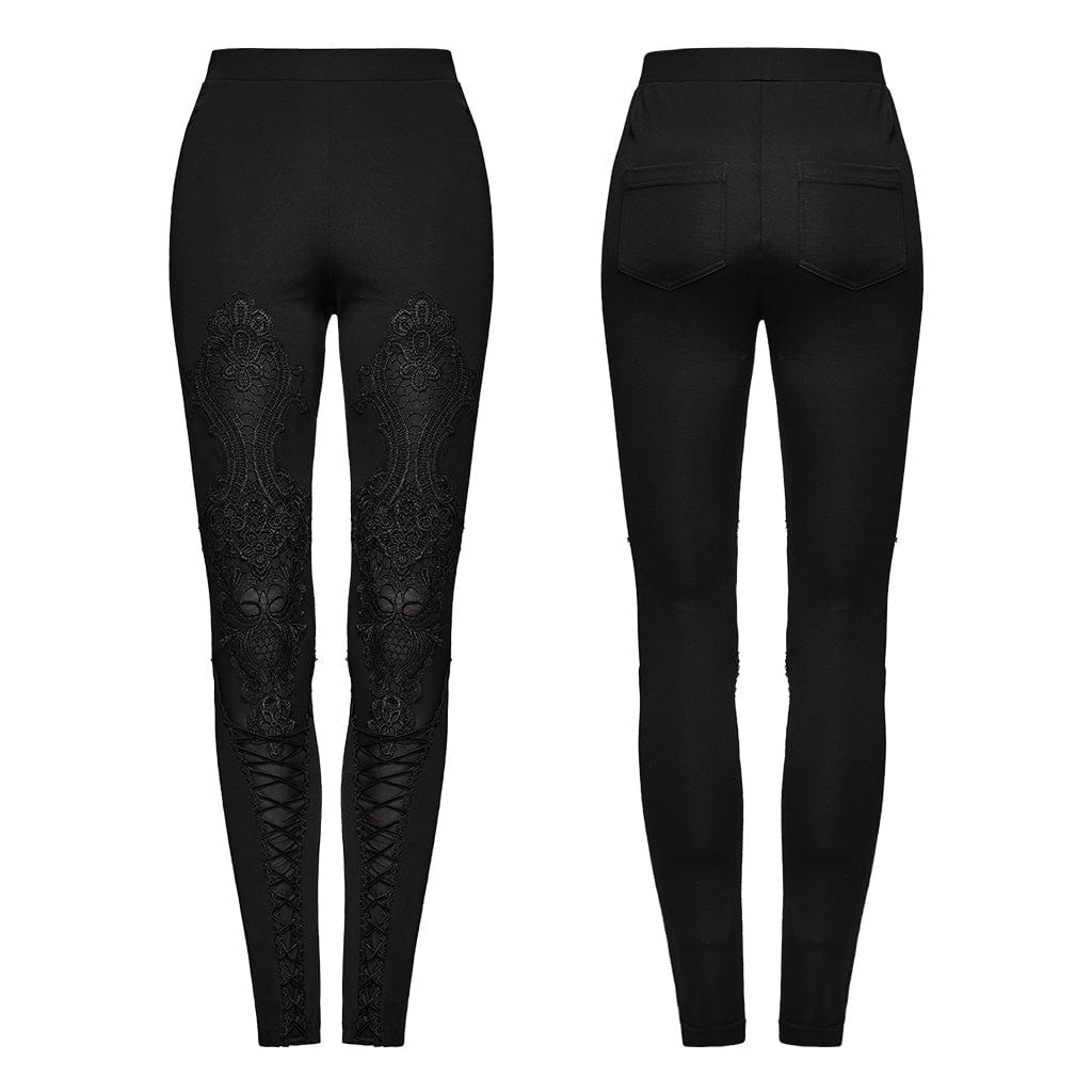 PUNK RAVE Women's Gothic Floral Embroidered Lace-up Leggings