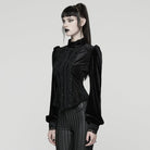 PUNK RAVE Women's Gothic Floral Embroidered Lace-up Puff Sleeved Shirt Black