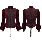 PUNK RAVE Women's Gothic Floral Embroidered Lace-up Puff Sleeved Shirt Red