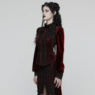 PUNK RAVE Women's Gothic Floral Embroidered Lace-up Puff Sleeved Shirt Red
