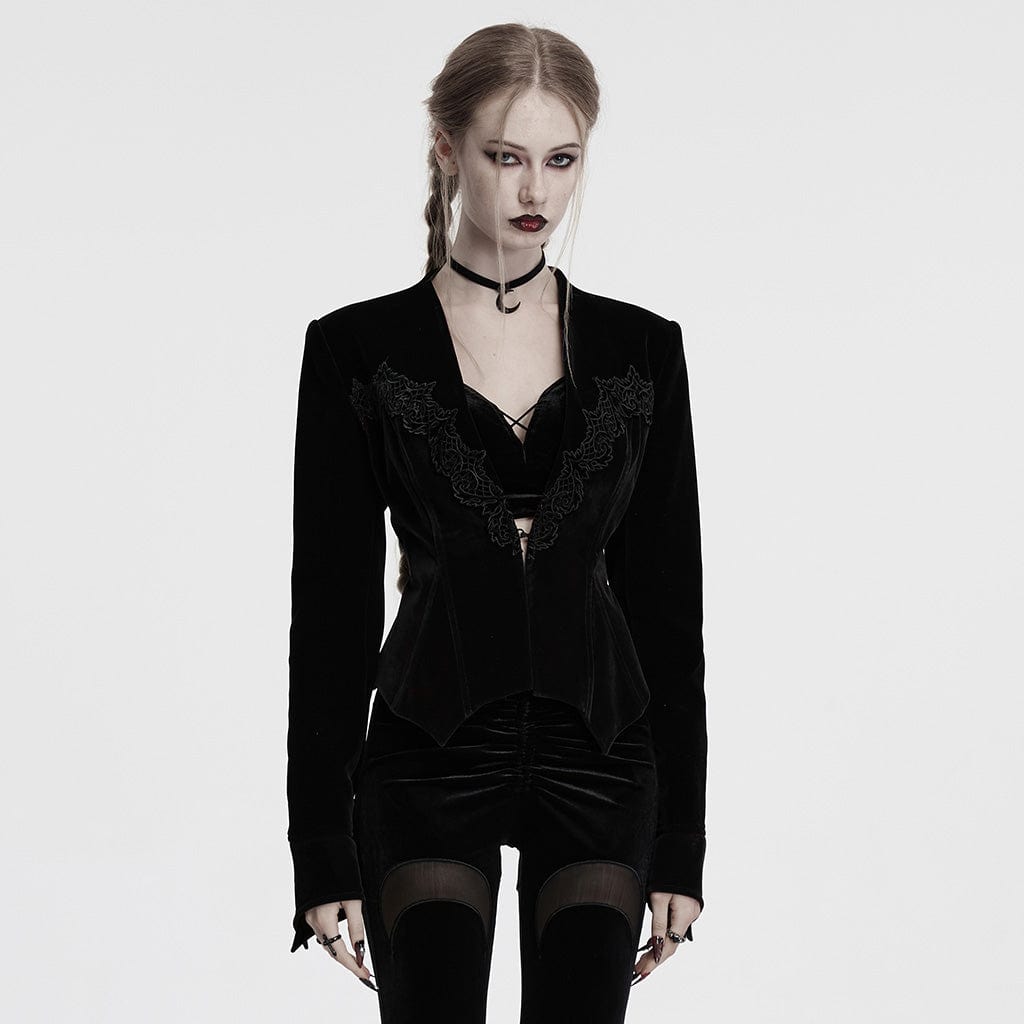 PUNK RAVE Women's Gothic Floral Embroidered Lace-up Velvet Jacket Black