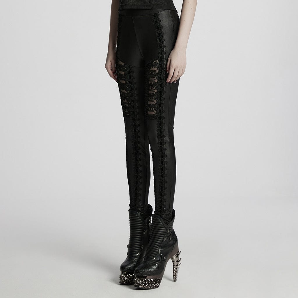 PUNK RAVE Women's Gothic Floral Embroidered Leggings