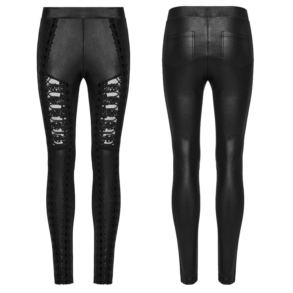 PUNK RAVE Women's Gothic Floral Embroidered Leggings