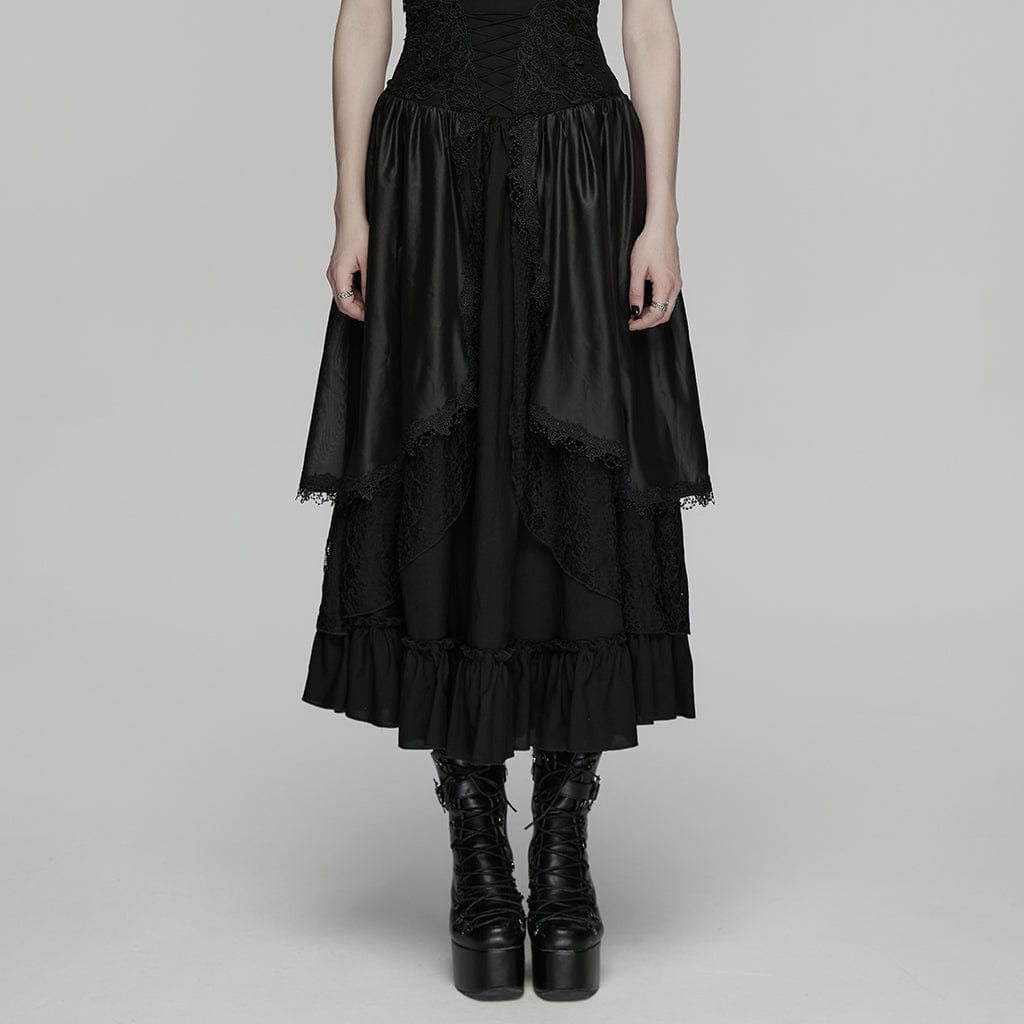 PUNK RAVE Women's Gothic Floral Embroidered Multilayered Skirt
