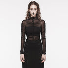 PUNK RAVE Women's Gothic Floral Embroidered Ruched Mesh Shirt