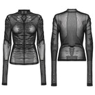 PUNK RAVE Women's Gothic Floral Embroidered Ruched Mesh Shirt