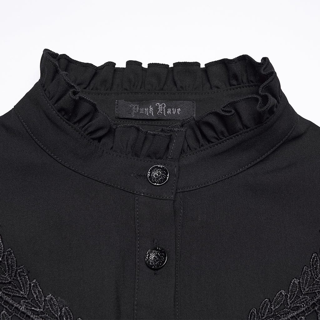 PUNK RAVE Women's Gothic Floral Embroidered Ruffled Stand Collar Shirt