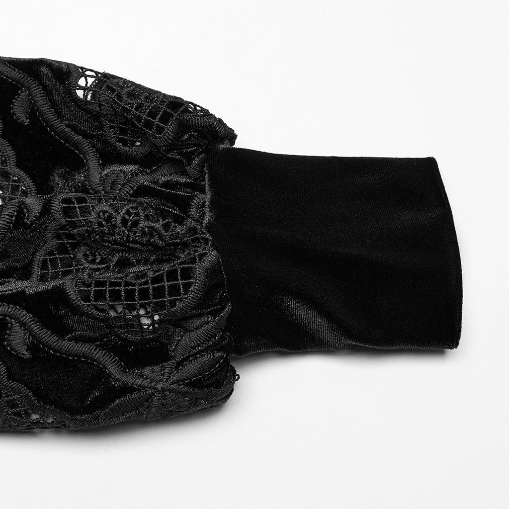 PUNK RAVE Women's Gothic Floral Embroidered Ruffled Velvet Shirt Black