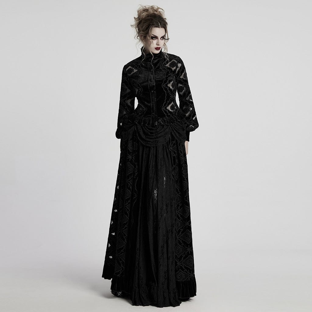 PUNK RAVE Women's Gothic Floral Embroidered Ruffled Velvet Shirt Black