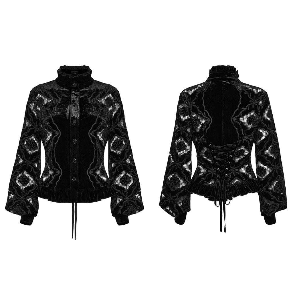PUNK RAVE Women's Gothic Floral Embroidered Ruffled Velvet Shirt Black