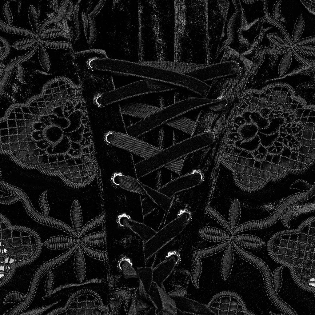 PUNK RAVE Women's Gothic Floral Embroidered Ruffled Velvet Shirt Black