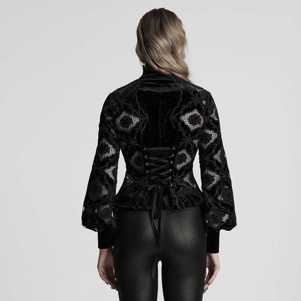 PUNK RAVE Women's Gothic Floral Embroidered Ruffled Velvet Shirt Black
