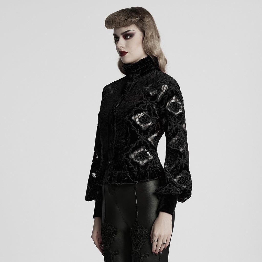 PUNK RAVE Women's Gothic Floral Embroidered Ruffled Velvet Shirt Black