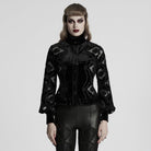 PUNK RAVE Women's Gothic Floral Embroidered Ruffled Velvet Shirt Black