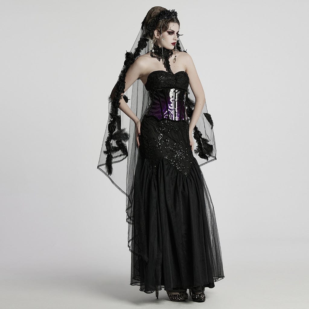PUNK RAVE Women's Gothic Floral Embroidered Sequin Fishtail Wedding Slip Dress