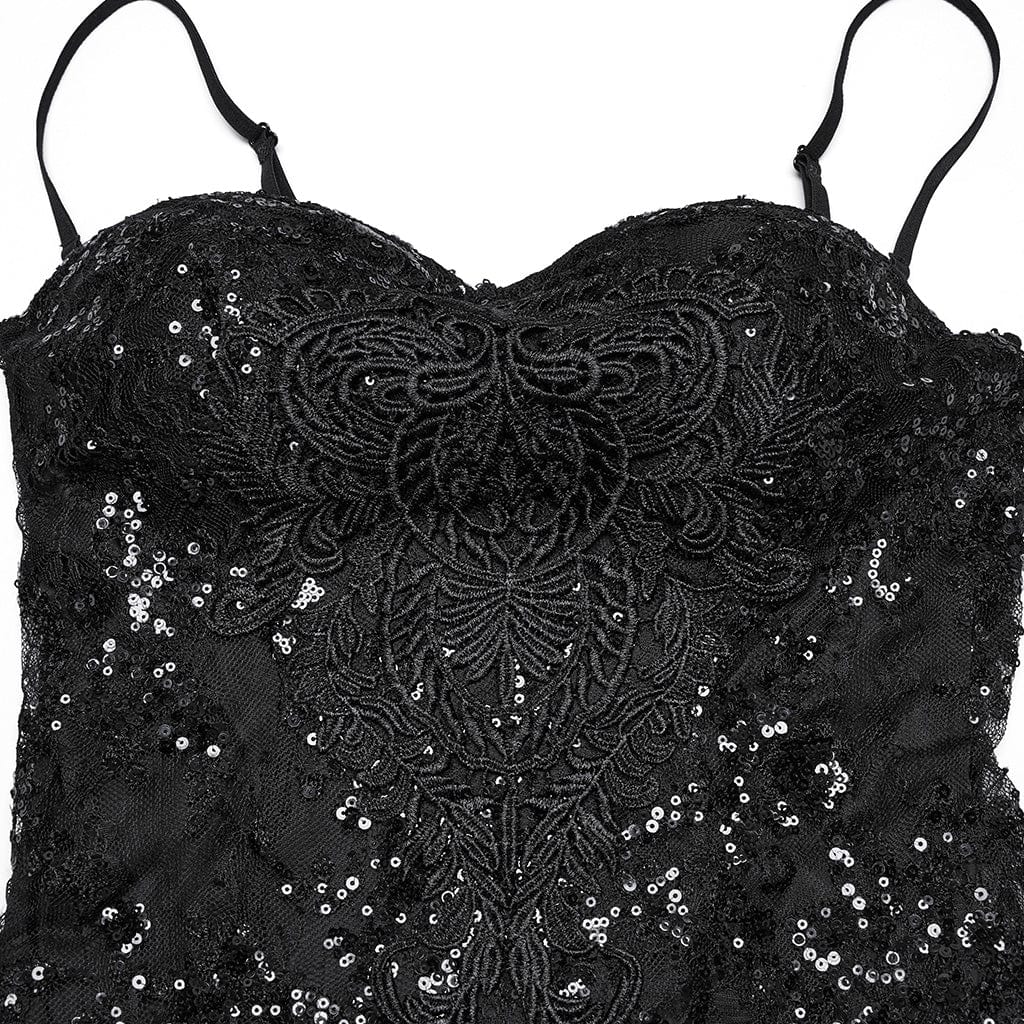 PUNK RAVE Women's Gothic Floral Embroidered Sequin Fishtail Wedding Slip Dress