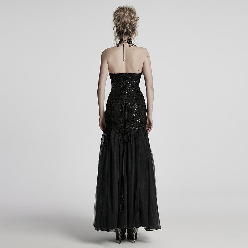 PUNK RAVE Women's Gothic Floral Embroidered Sequin Fishtail Wedding Slip Dress