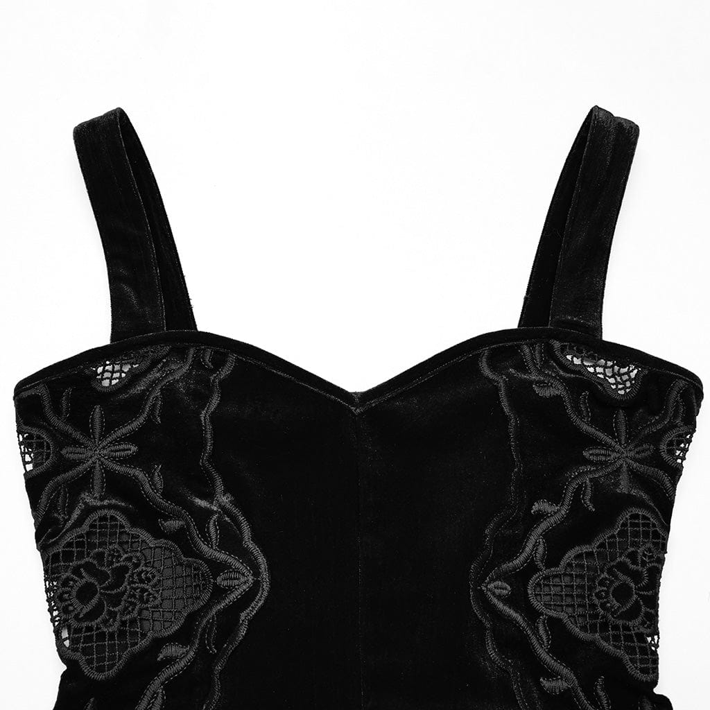 PUNK RAVE Women's Gothic Floral Embroidered Velvet Fishtail Slip Dress Black