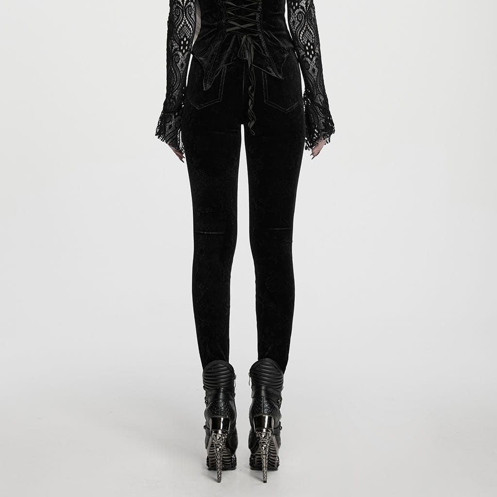 PUNK RAVE Women's Gothic Floral Jacquard Embroidered Velvet Leggings Black