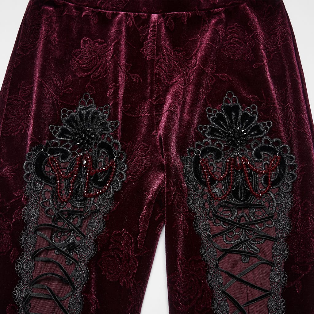 PUNK RAVE Women's Gothic Floral Jacquard Embroidered Velvet Leggings Red