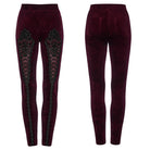 PUNK RAVE Women's Gothic Floral Jacquard Embroidered Velvet Leggings Red