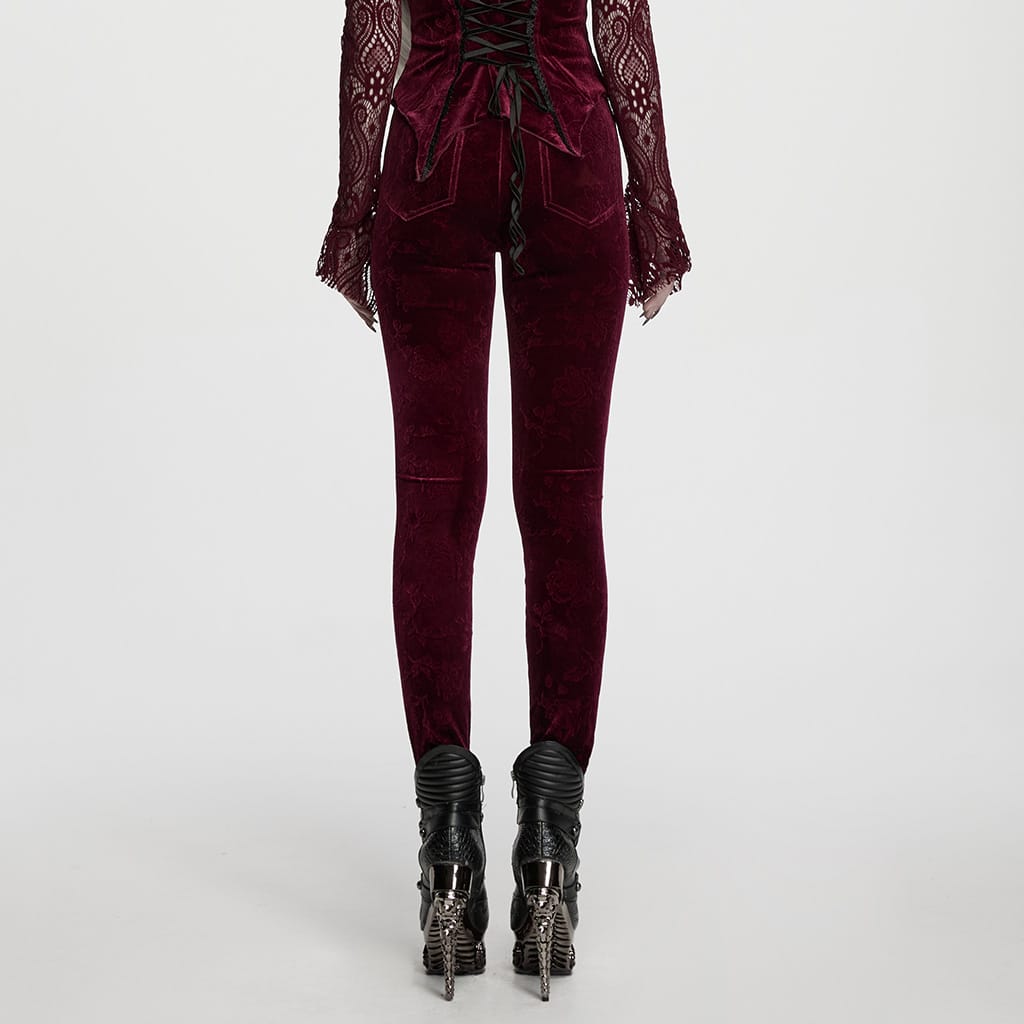 PUNK RAVE Women's Gothic Floral Jacquard Embroidered Velvet Leggings Red