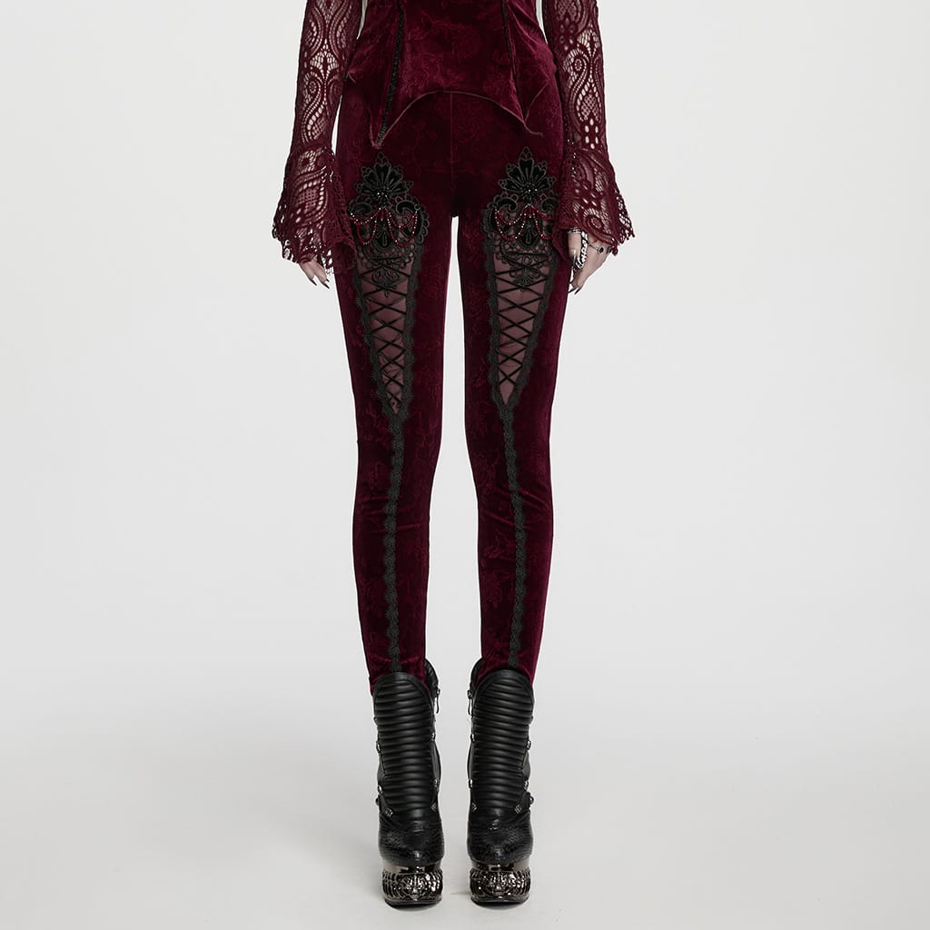 PUNK RAVE Women's Gothic Floral Jacquard Embroidered Velvet Leggings Red
