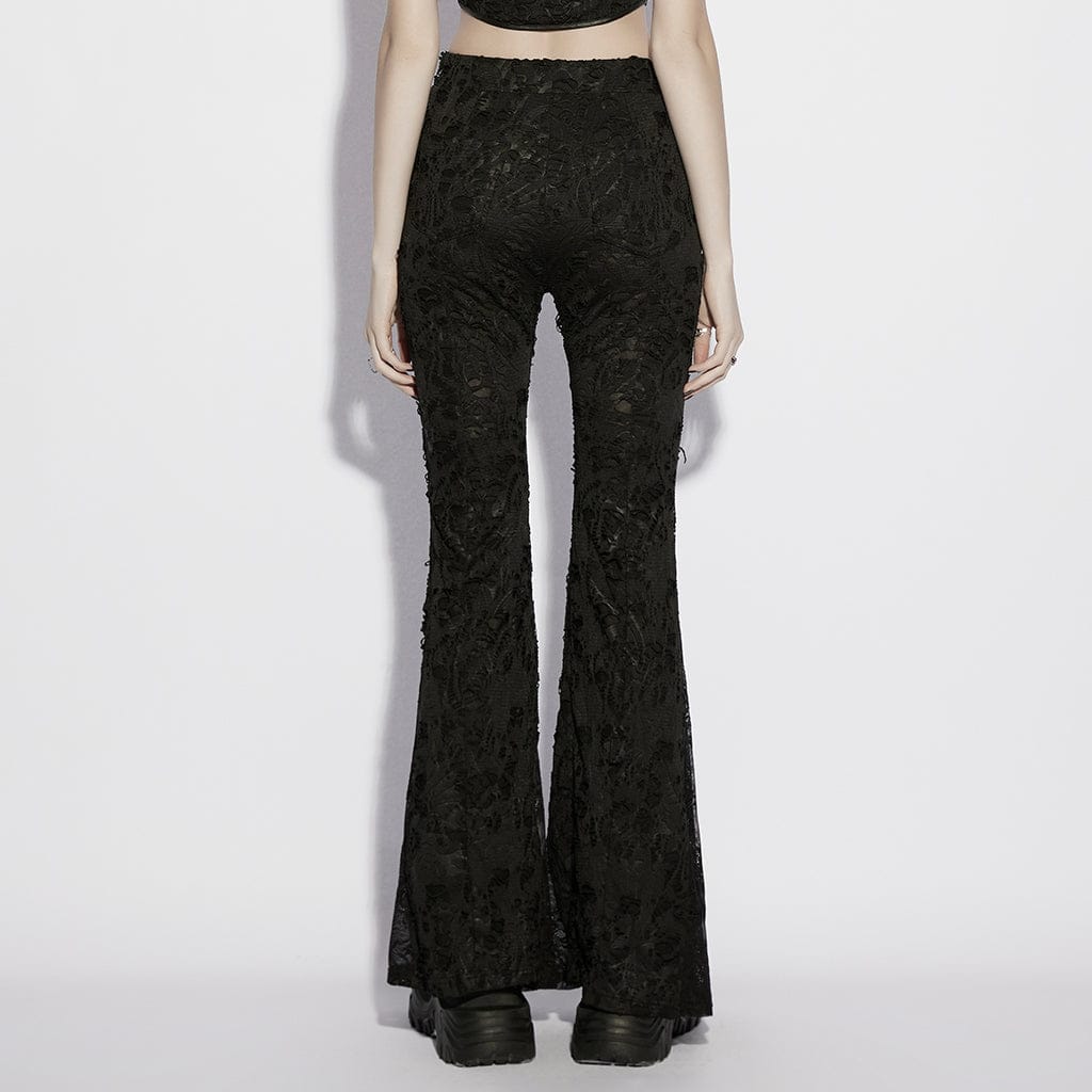 PUNK RAVE Women's Gothic Floral Jacquard Flared Pants