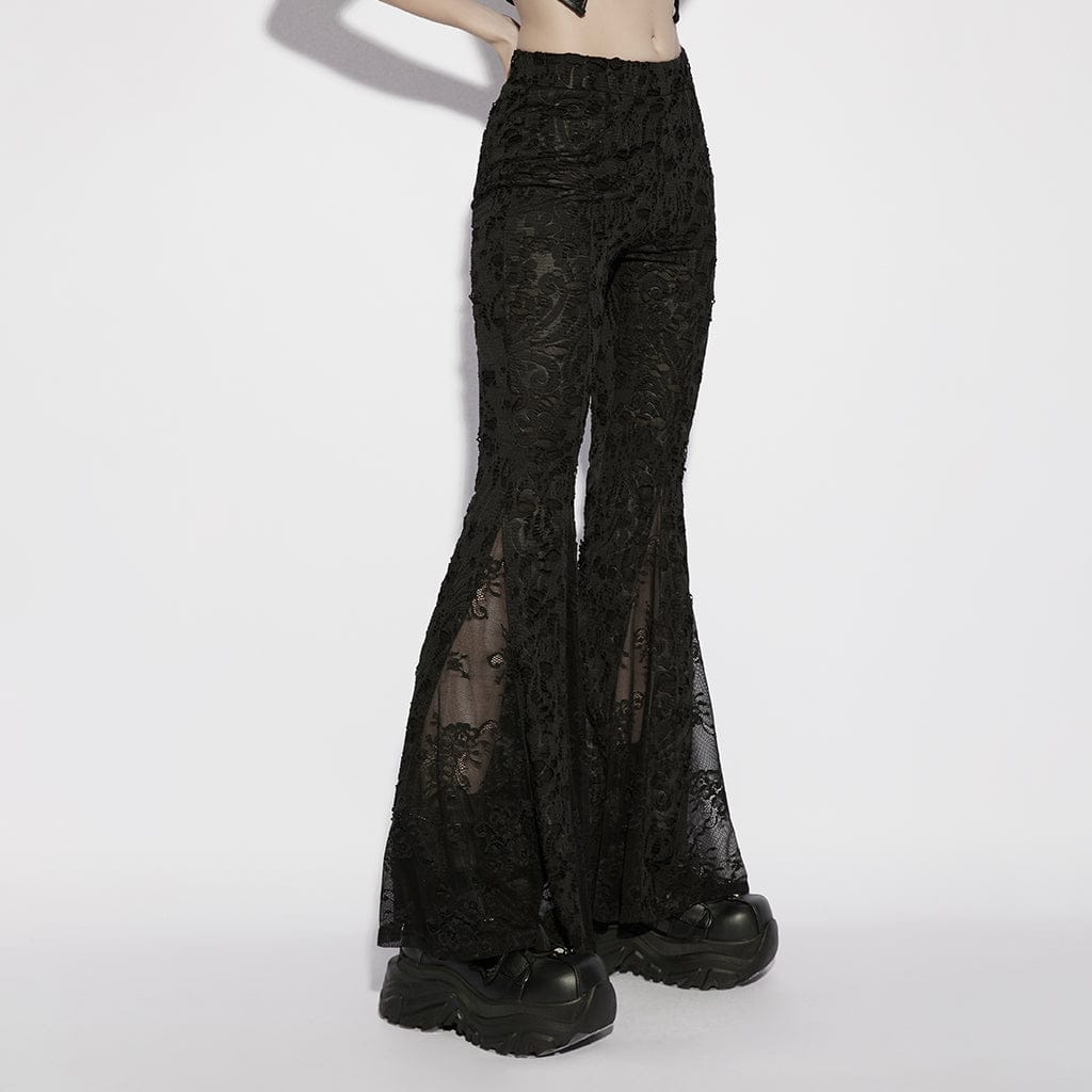 PUNK RAVE Women's Gothic Floral Jacquard Flared Pants