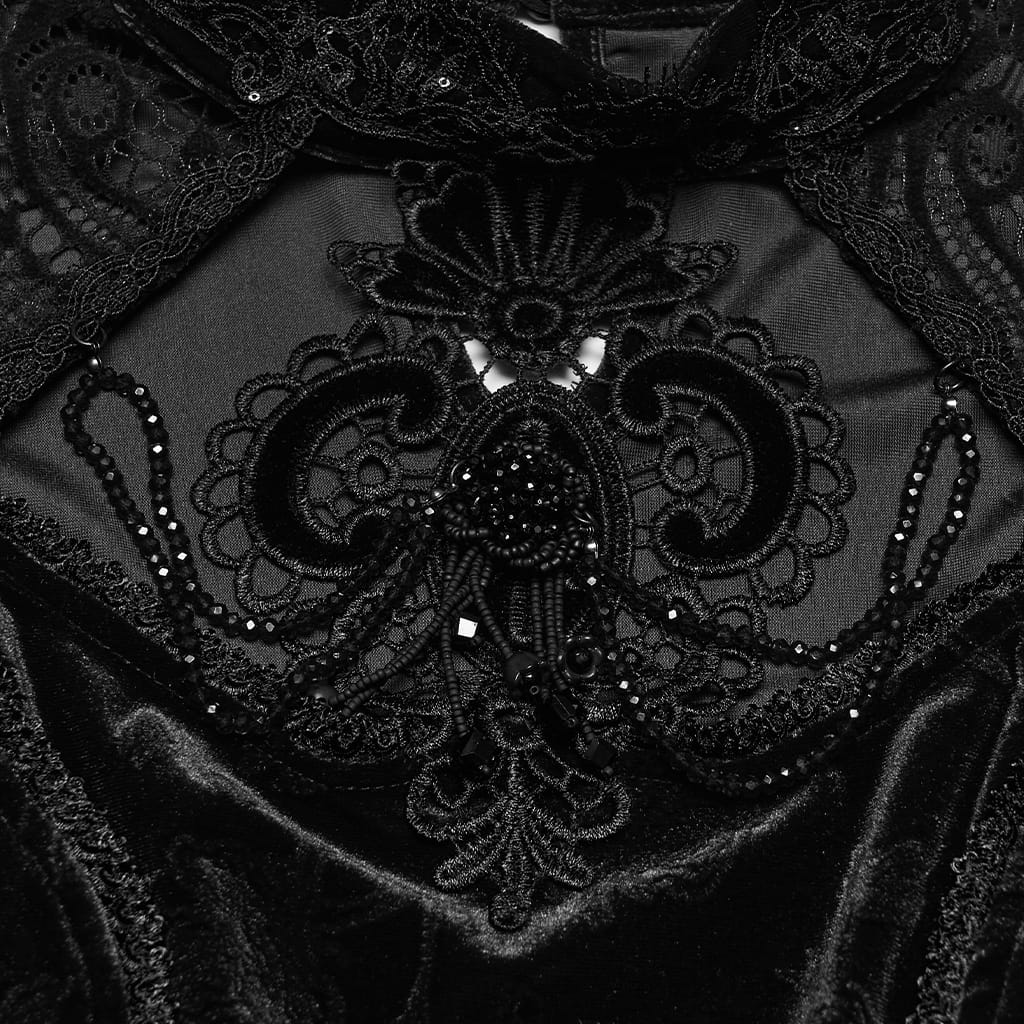 PUNK RAVE Women's Gothic Floral Jacquard Lace Long Sleeve Velvet Top Black