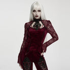 PUNK RAVE Women's Gothic Floral Jacquard Lace Long Sleeve Velvet Top Red