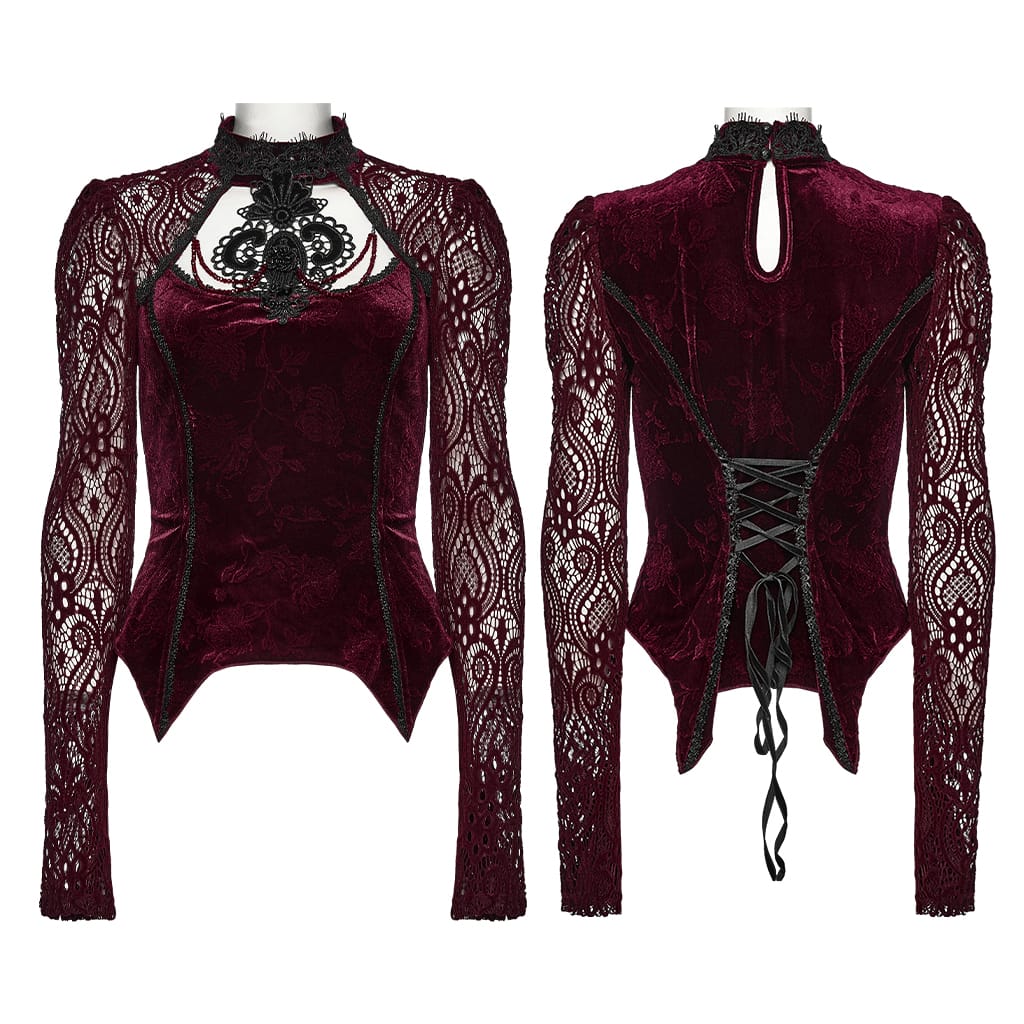 PUNK RAVE Women's Gothic Floral Jacquard Lace Long Sleeve Velvet Top Red